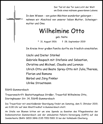 Anzeige von Wilhelmine Otto von Kölner Stadt-Anzeiger / Kölnische Rundschau / Express