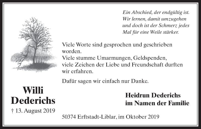  Traueranzeige für Willi Dederichs vom 02.10.2019 aus  Werbepost 