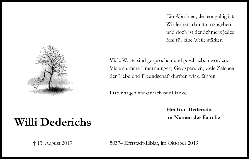  Traueranzeige für Willi Dederichs vom 05.10.2019 aus Kölner Stadt-Anzeiger / Kölnische Rundschau / Express