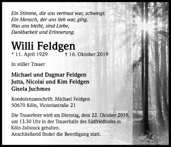 Anzeige von Willi Feldgen von Kölner Stadt-Anzeiger / Kölnische Rundschau / Express