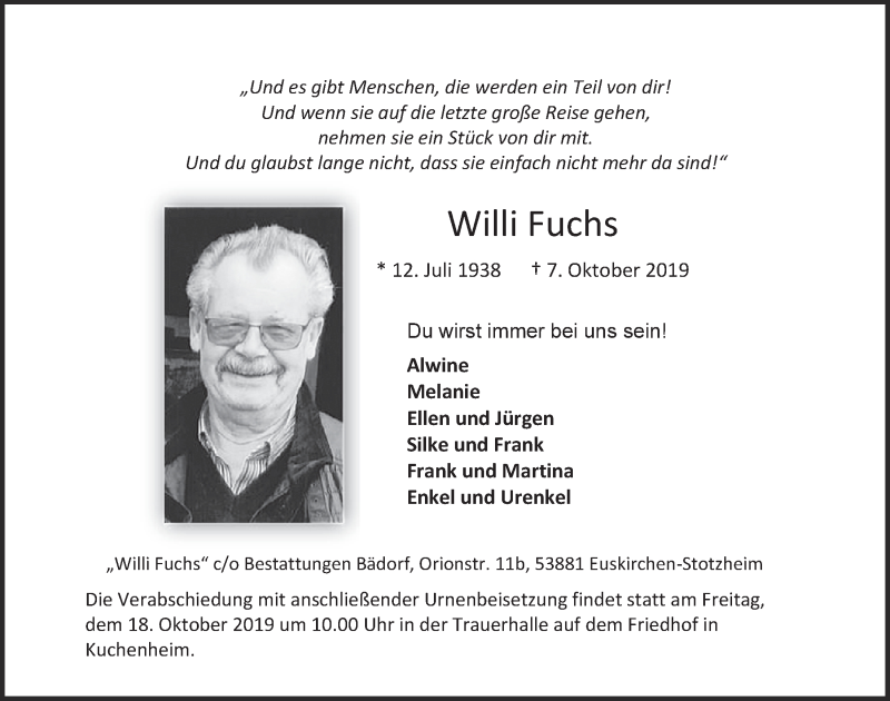  Traueranzeige für Willi Fuchs vom 12.10.2019 aus  Blickpunkt Euskirchen 