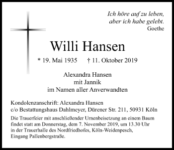 Anzeige von Willi Hansen von Kölner Stadt-Anzeiger / Kölnische Rundschau / Express