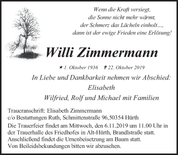 Anzeige von Willi Zimmermann von  Wochenende 