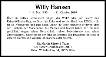 Anzeige von Willy Hansen von Kölner Stadt-Anzeiger / Kölnische Rundschau / Express