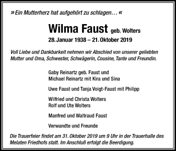 Anzeige von Wilma Faust von Kölner Stadt-Anzeiger / Kölnische Rundschau / Express