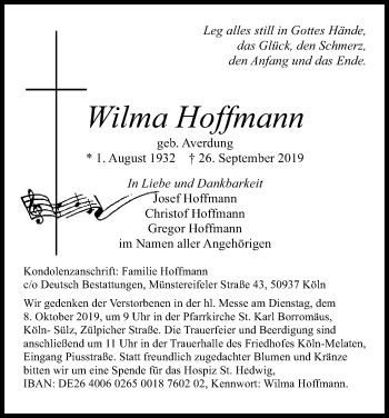 Anzeige von Wilma Hoffmann von Kölner Stadt-Anzeiger / Kölnische Rundschau / Express