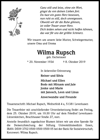 Anzeige von Wilma Rupsch von Kölner Stadt-Anzeiger / Kölnische Rundschau / Express