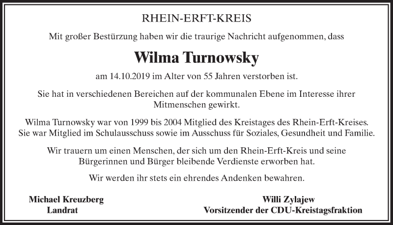  Traueranzeige für Wilma Turnowsky vom 26.10.2019 aus  Sonntags-Post 