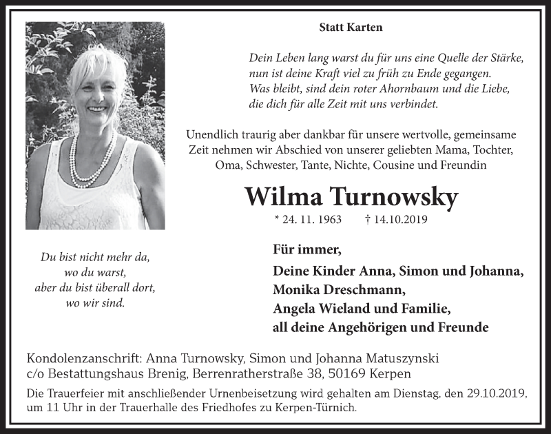  Traueranzeige für Wilma Turnowsky vom 19.10.2019 aus  Sonntags-Post 