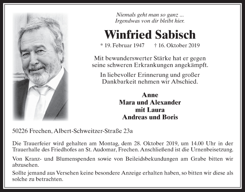  Traueranzeige für Winfried Sabisch vom 23.10.2019 aus  Wochenende 