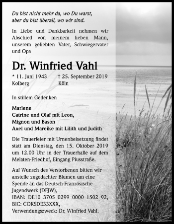 Anzeige von Winfried Vahl von Kölner Stadt-Anzeiger / Kölnische Rundschau / Express