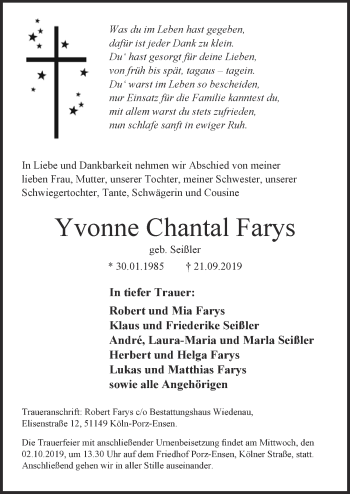 Anzeige von Yvonne Chantal Farys von  Kölner Wochenspiegel 
