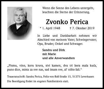 Anzeige von Zvonko Perica von Kölner Stadt-Anzeiger / Kölnische Rundschau / Express