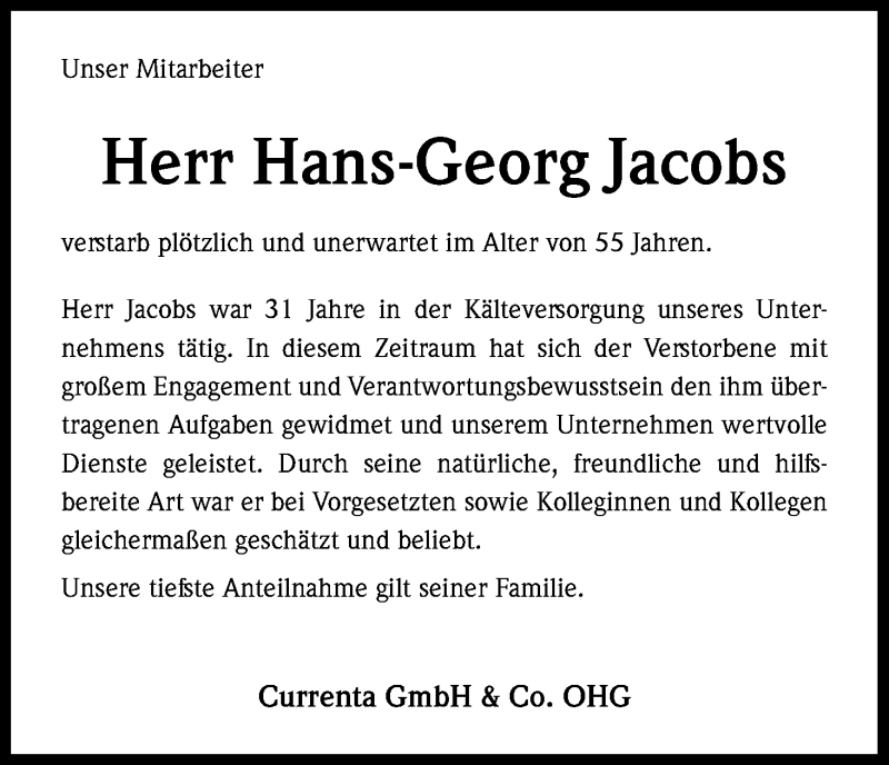  Traueranzeige für Hans Georg Jacobs vom 16.11.2019 aus Kölner Stadt-Anzeiger / Kölnische Rundschau / Express