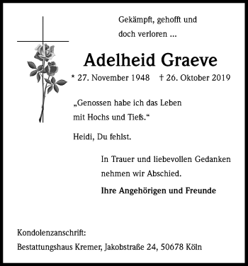 Anzeige von Adelheid Graeve von Kölner Stadt-Anzeiger / Kölnische Rundschau / Express