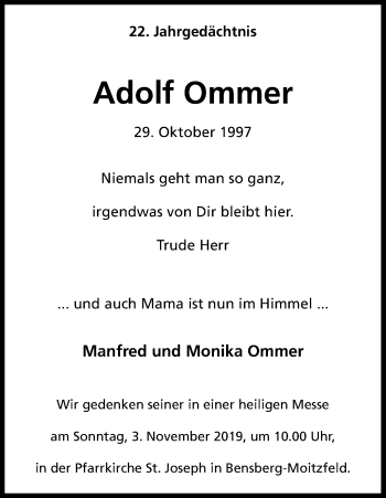 Anzeige von Adolf Ommer von Kölner Stadt-Anzeiger / Kölnische Rundschau / Express