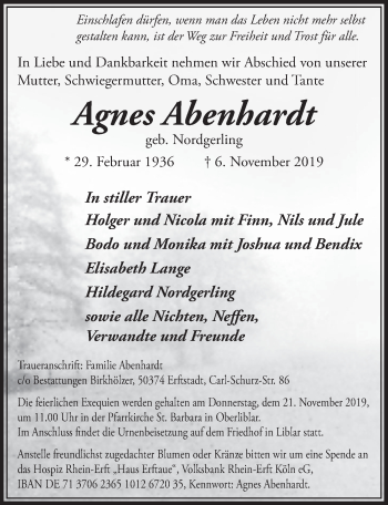 Anzeige von Agnes Abenhardt von  Sonntags-Post 