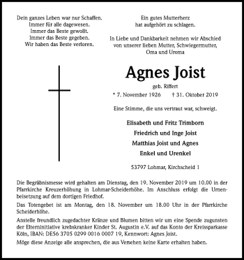 Anzeige von Agnes Joist von Kölner Stadt-Anzeiger / Kölnische Rundschau / Express