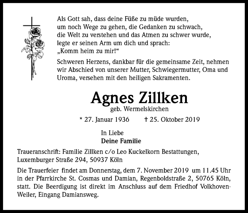  Traueranzeige für Agnes Zillken vom 02.11.2019 aus Kölner Stadt-Anzeiger / Kölnische Rundschau / Express