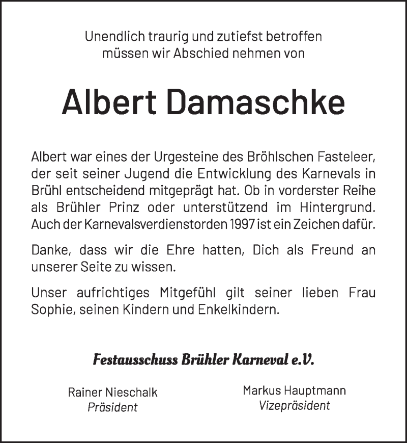  Traueranzeige für Albert Damaschke vom 13.11.2019 aus  Schlossbote/Werbekurier 