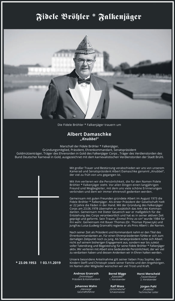  Traueranzeige für Albert Damaschke vom 13.11.2019 aus  Schlossbote/Werbekurier 