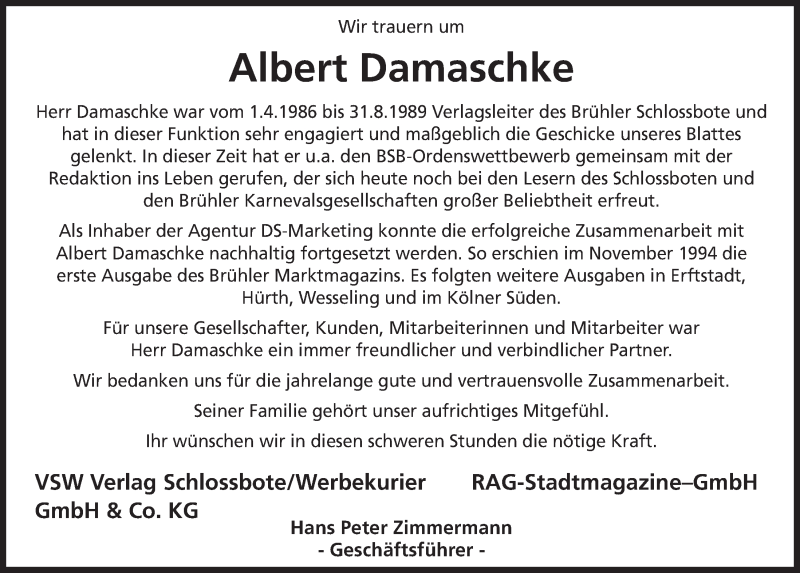  Traueranzeige für Albert Damaschke vom 13.11.2019 aus  Schlossbote/Werbekurier 