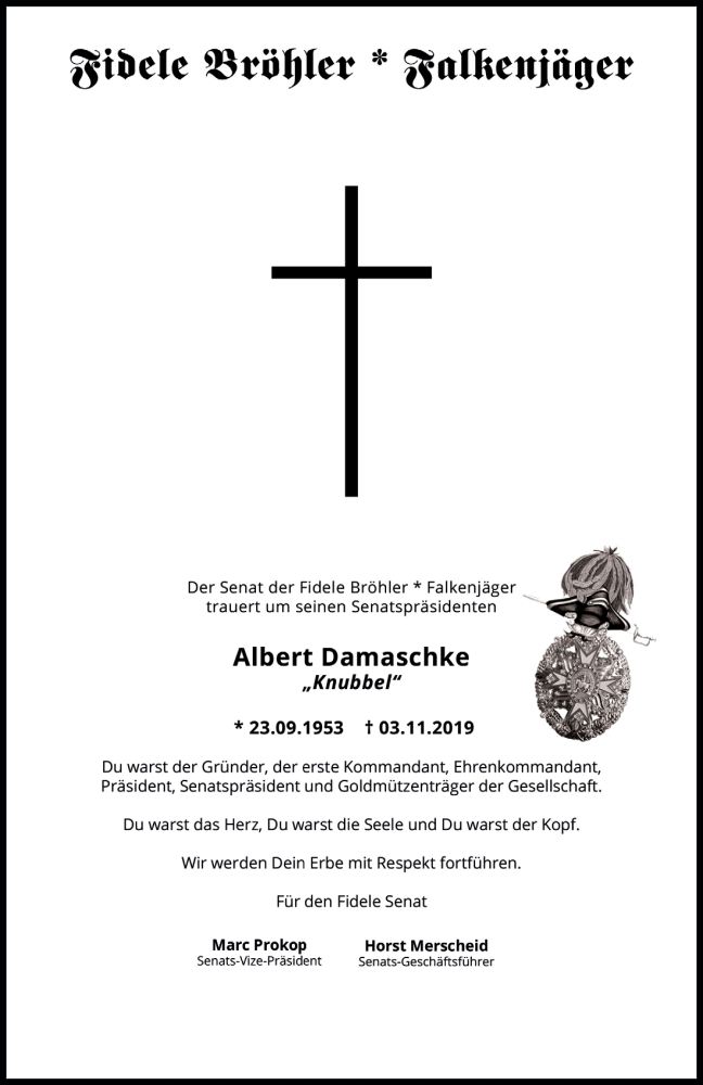  Traueranzeige für Albert Damaschke vom 13.11.2019 aus  Schlossbote/Werbekurier 