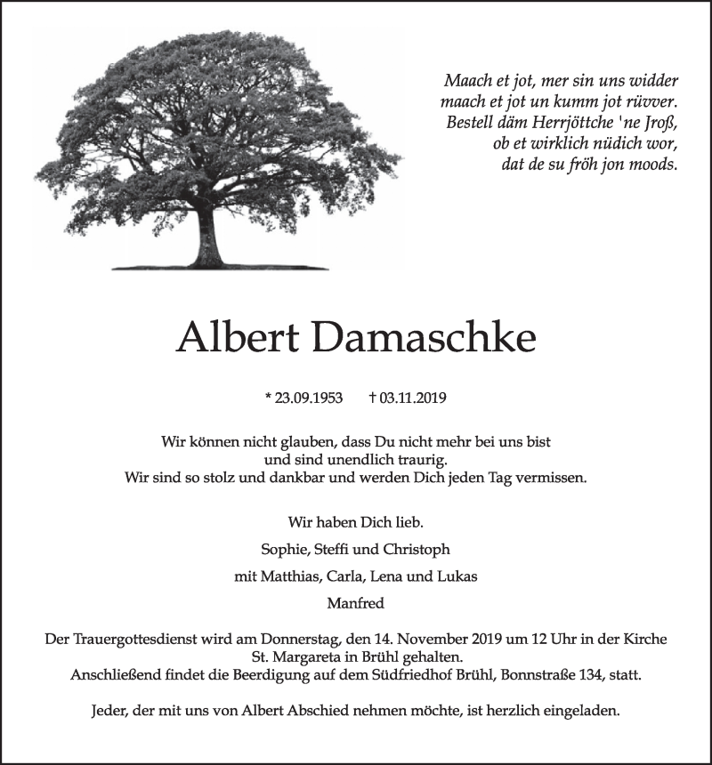  Traueranzeige für Albert Damaschke vom 13.11.2019 aus  Schlossbote/Werbekurier 