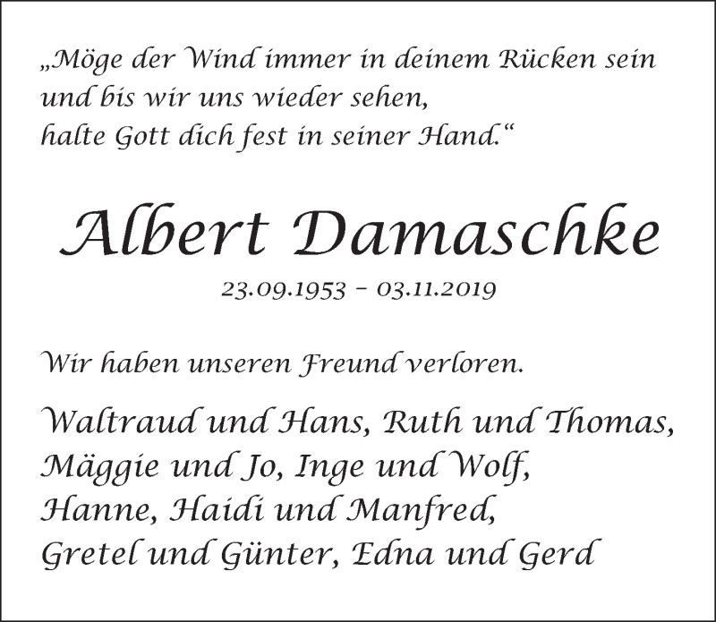  Traueranzeige für Albert Damaschke vom 13.11.2019 aus  Schlossbote/Werbekurier 