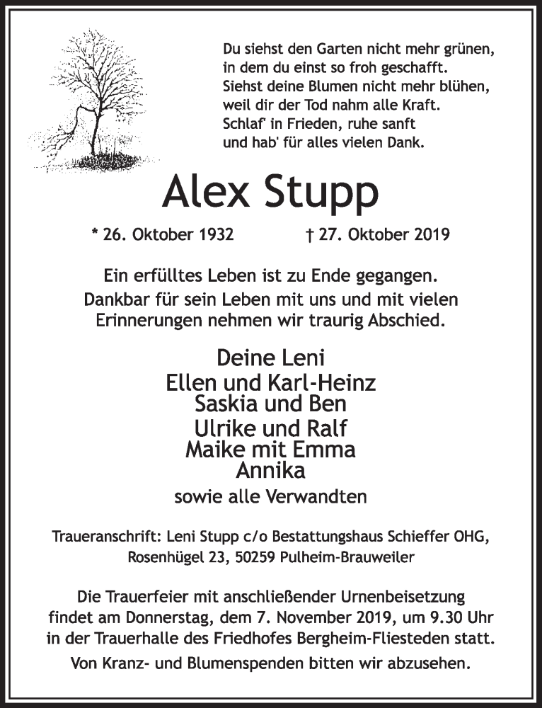  Traueranzeige für Alex Stupp vom 02.11.2019 aus  Sonntags-Post 