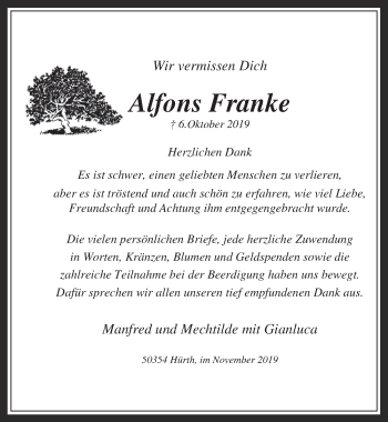 Anzeige von Alfons Franke von  Wochenende 