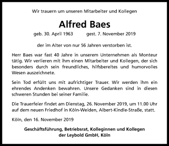 Anzeige von Alfred Baes von Kölner Stadt-Anzeiger / Kölnische Rundschau / Express