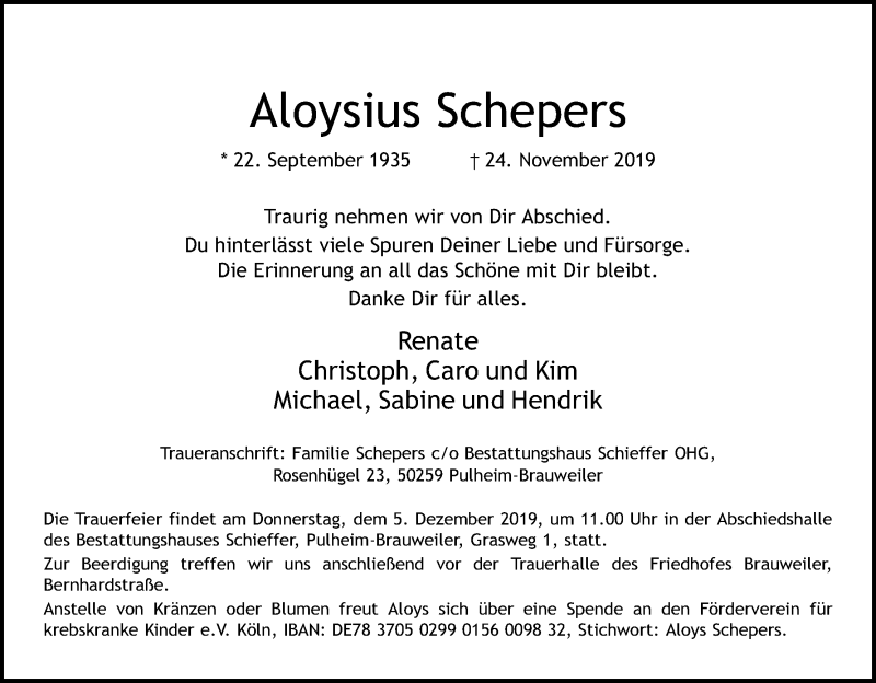  Traueranzeige für Aloysius Schepers vom 30.11.2019 aus Kölner Stadt-Anzeiger / Kölnische Rundschau / Express