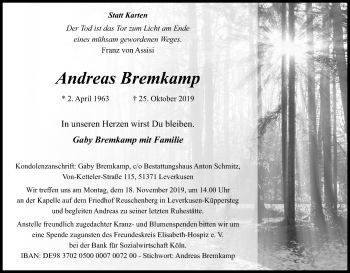 Anzeige von Andreas Bremkamp von Kölner Stadt-Anzeiger / Kölnische Rundschau / Express