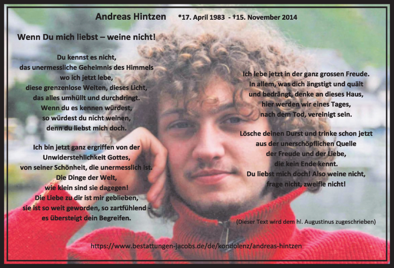  Traueranzeige für Andreas Hintzen vom 16.11.2019 aus  Sonntags-Post 