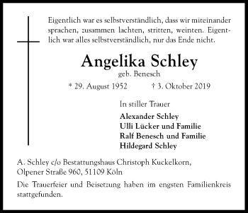 Anzeige von Angelika Schley von Kölner Stadt-Anzeiger / Kölnische Rundschau / Express