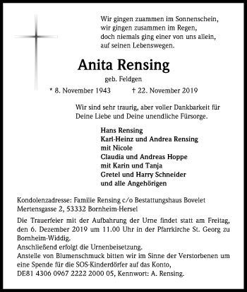 Anzeige von Anita Rensing von Kölner Stadt-Anzeiger / Kölnische Rundschau / Express