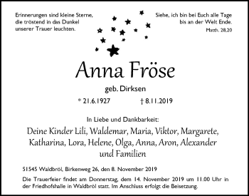 Anzeige von Anna Fröse von  Lokalanzeiger 