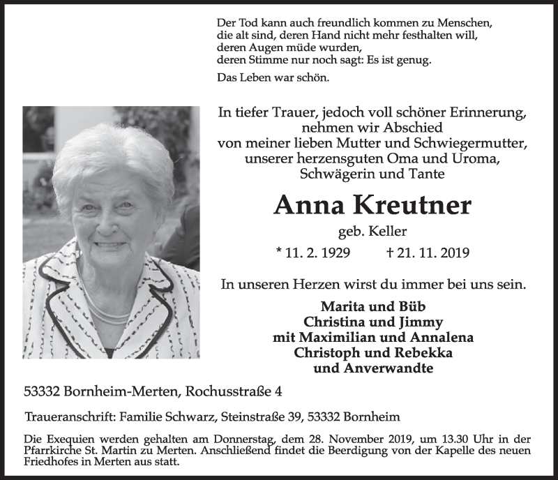  Traueranzeige für Anna Kreutner vom 27.11.2019 aus  Schlossbote/Werbekurier 
