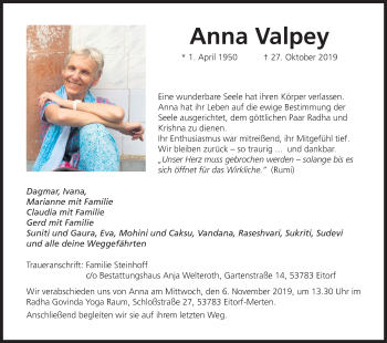Anzeige von Anna Valpey von Kölner Stadt-Anzeiger / Kölnische Rundschau / Express