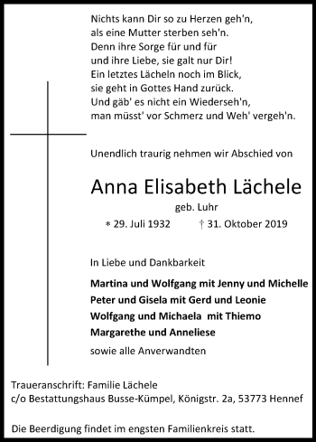 Anzeige von Anna Elisabeth Lächele von Kölner Stadt-Anzeiger / Kölnische Rundschau / Express