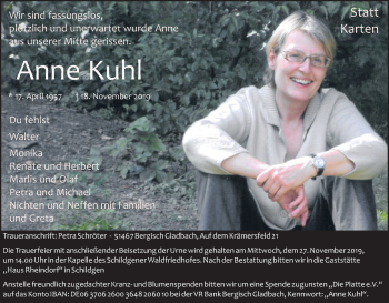 Anzeige von Anne Kuhl von Kölner Stadt-Anzeiger / Kölnische Rundschau / Express