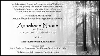 Anzeige von Anneliese Naase von Kölner Stadt-Anzeiger / Kölnische Rundschau / Express