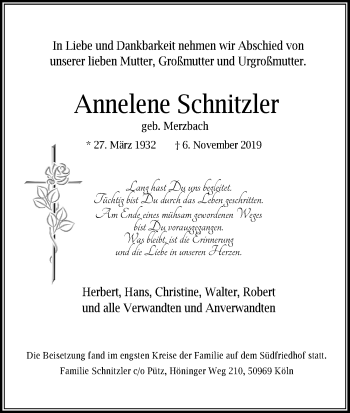 Anzeige von Annelene Schnitzler von Kölner Stadt-Anzeiger / Kölnische Rundschau / Express