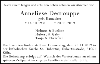 Anzeige von Anneliese Decrouppé von Kölner Stadt-Anzeiger / Kölnische Rundschau / Express