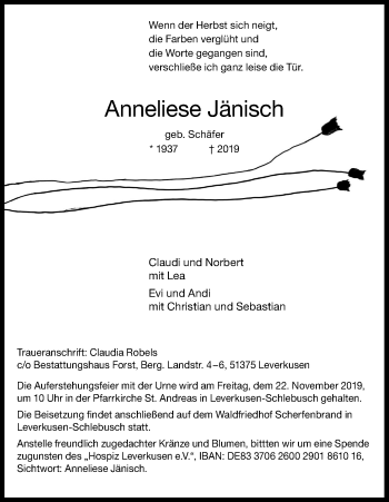 Anzeige von Anneliese Jänisch von Kölner Stadt-Anzeiger / Kölnische Rundschau / Express