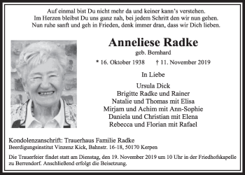 Anzeige von Anneliese Radke von  Sonntags-Post 
