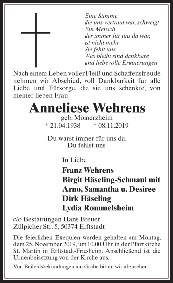 Anzeige von Anneliese Wehrens von  Werbepost 