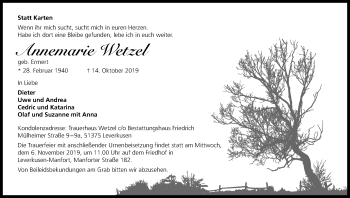 Anzeige von Annemarie Wetzel von Kölner Stadt-Anzeiger / Kölnische Rundschau / Express