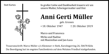 Anzeige von Anni Gerti Müller von Kölner Stadt-Anzeiger / Kölnische Rundschau / Express